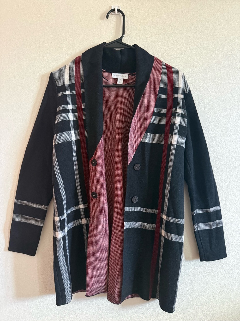 Charter Club Black and Burgundy Plaid Open-Front Blazer Cardigan